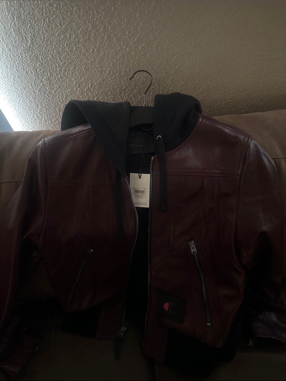 Coach Men's Burgundy Leather Bomber with Black Hood